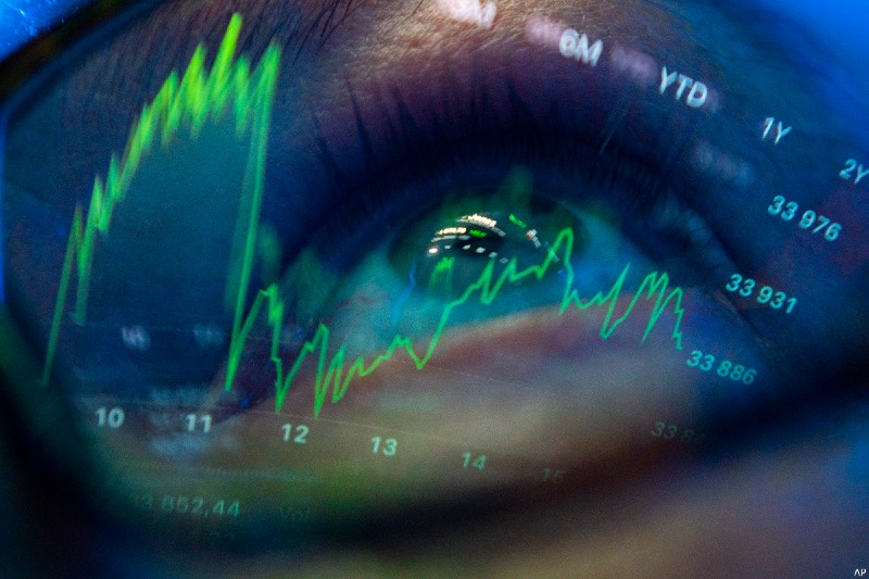 Menschliches Auge vor einer Aktien-Grafik